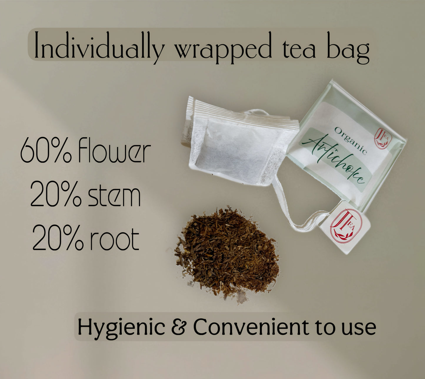 Individually wrapped tea bags with tea leaves and text on a beige background