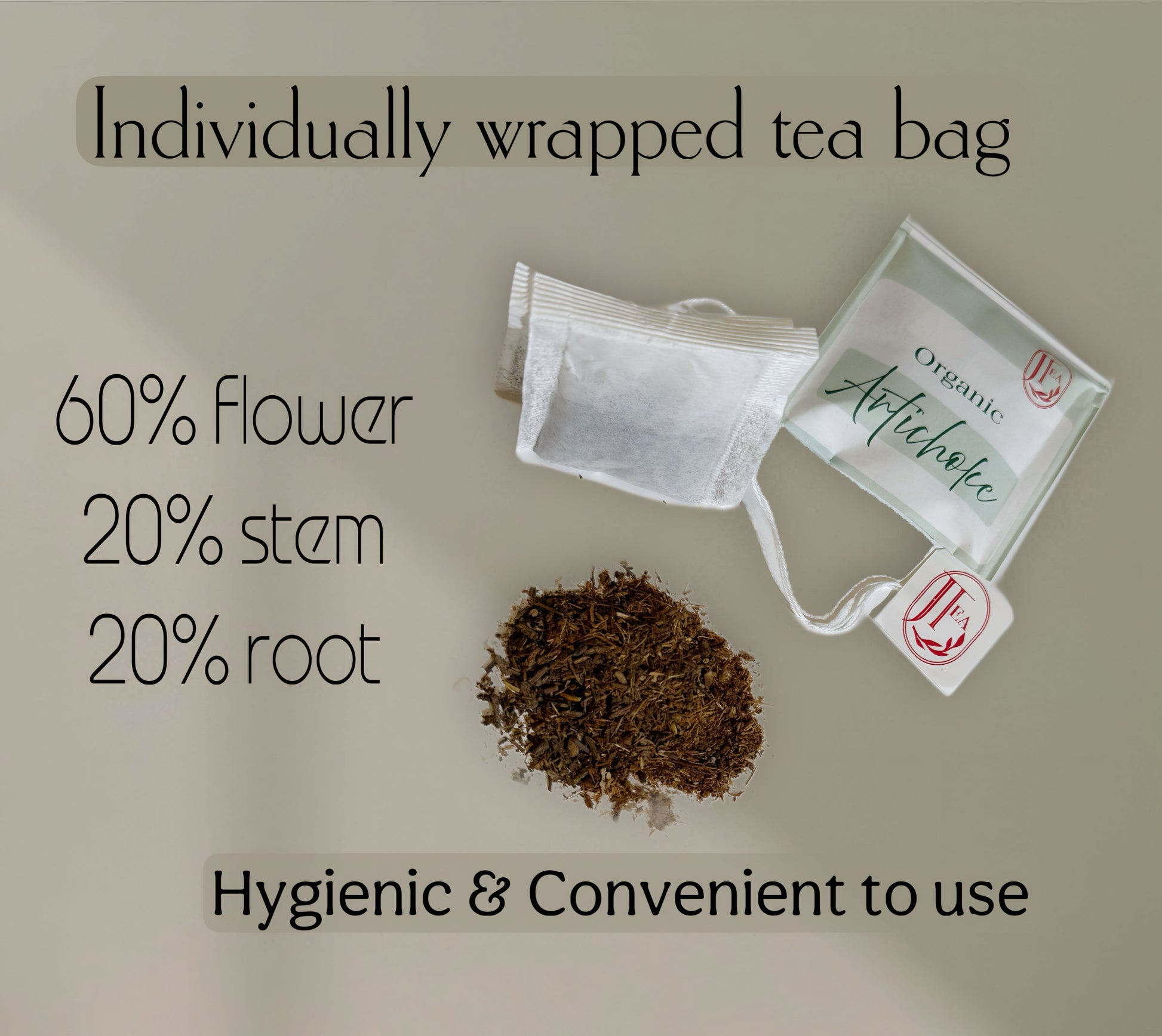 Individually wrapped tea bags with tea leaves and text on a beige background