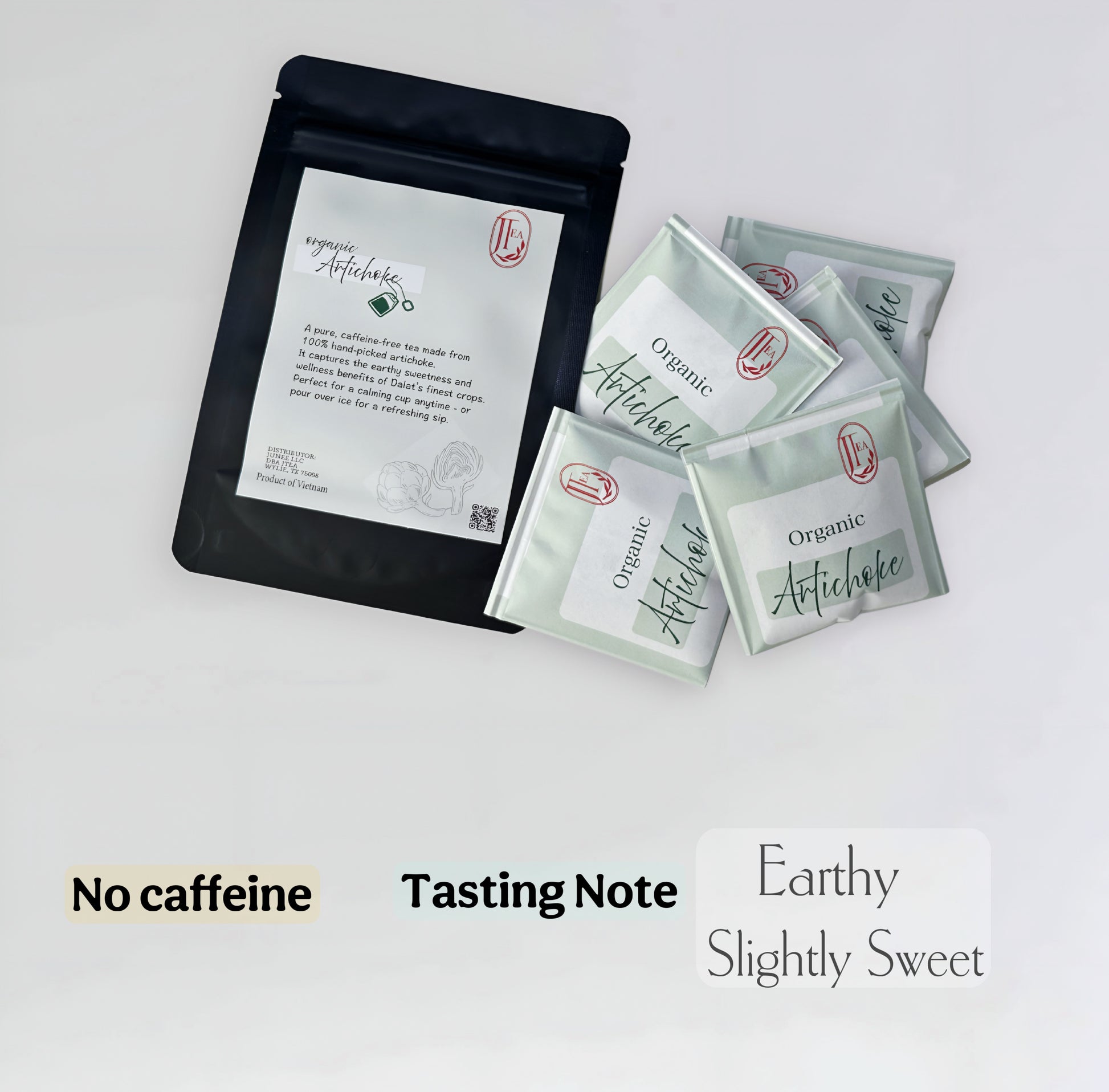 Tea packaging with a black pouch and multiple green tea bags on a light gray background.