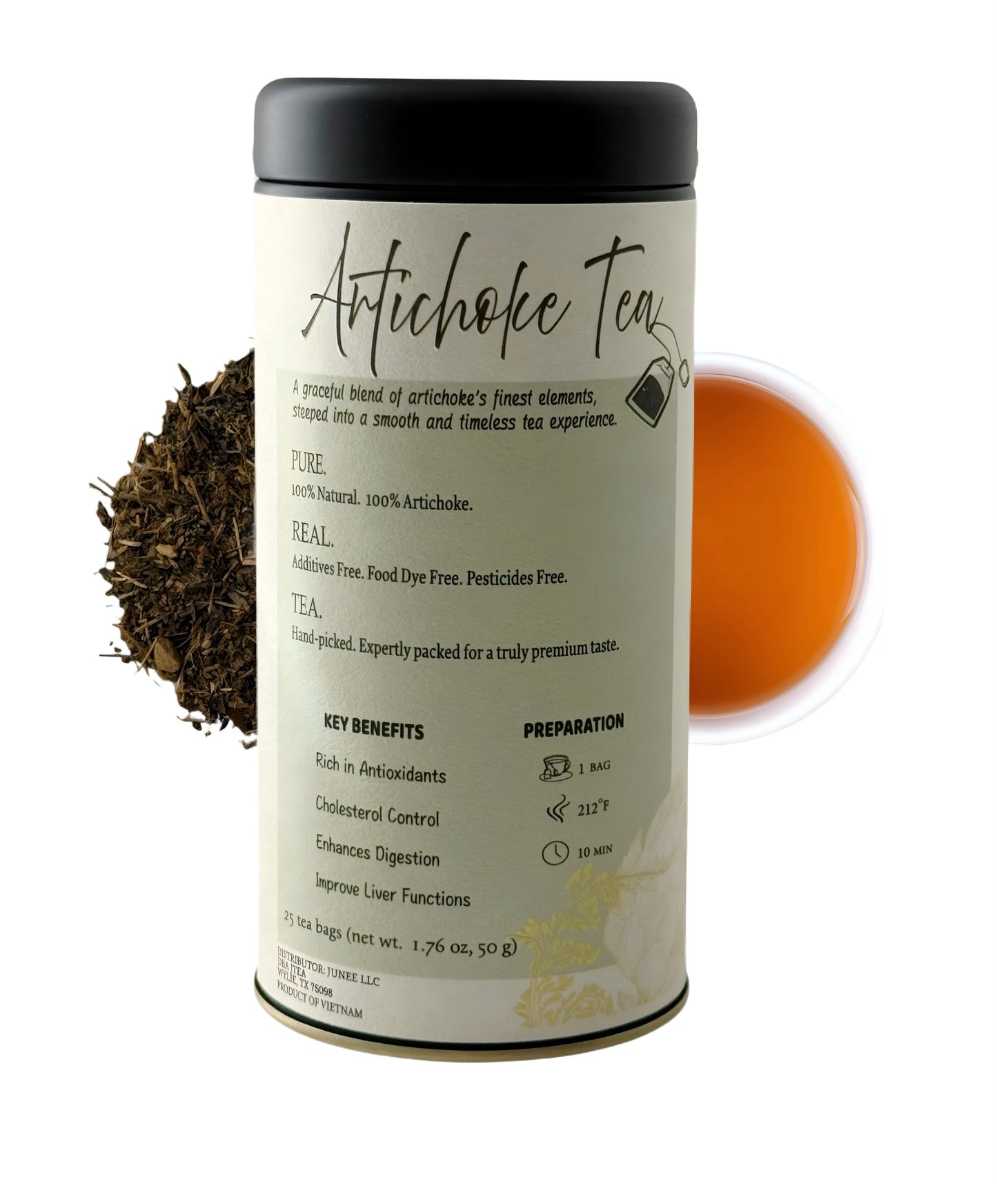 Artichoke tea canister with tea leaves and brewed tea on a white background