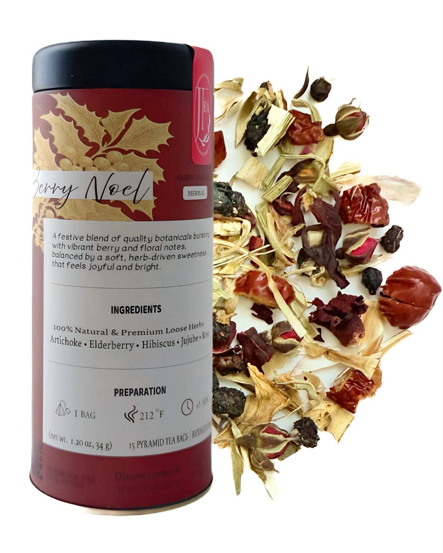 Tea canister labeled 'Berry Noel' with a scattering of tea leaves on a white background