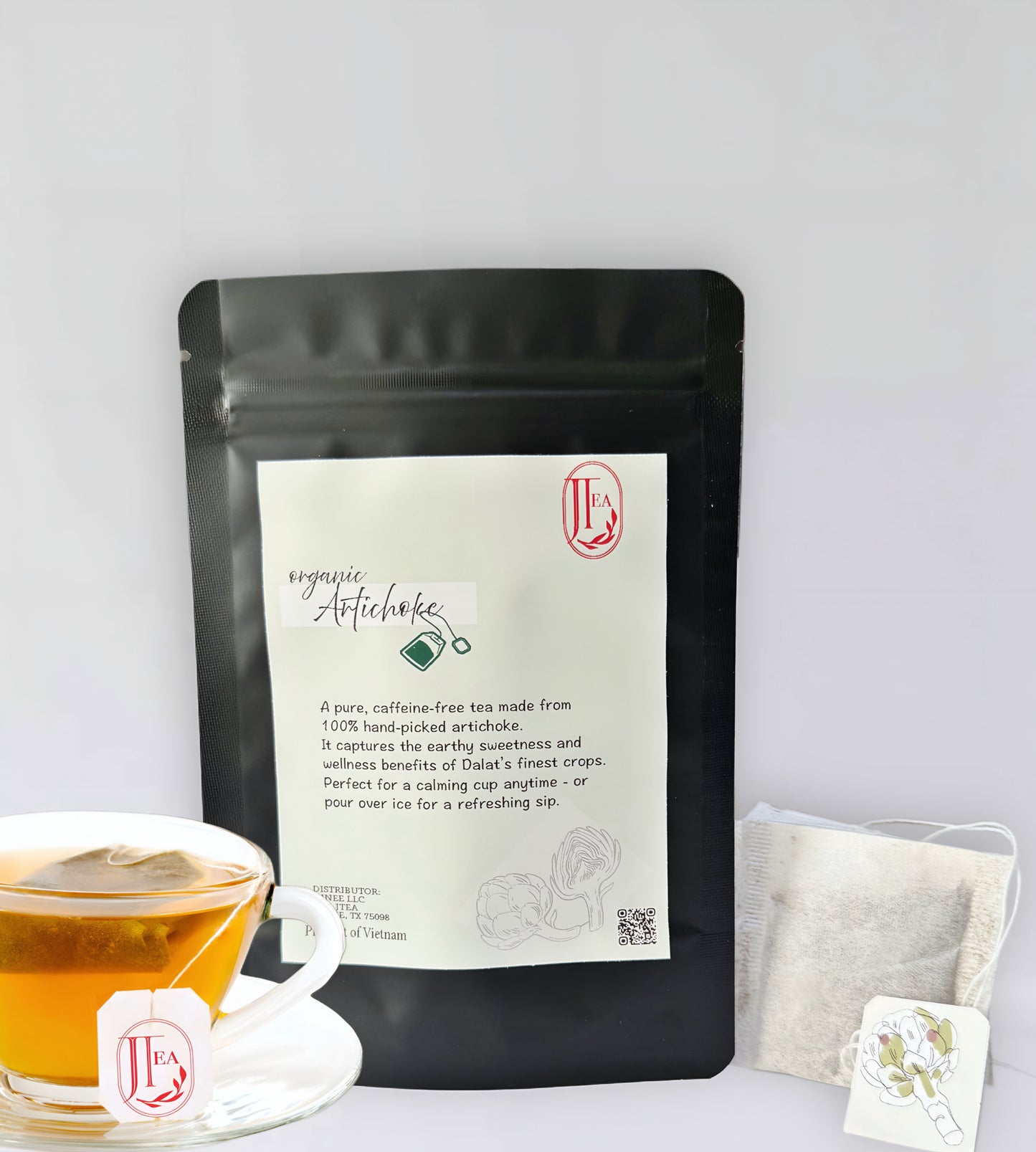 Tea package with a cup of tea and tea bags on a white background