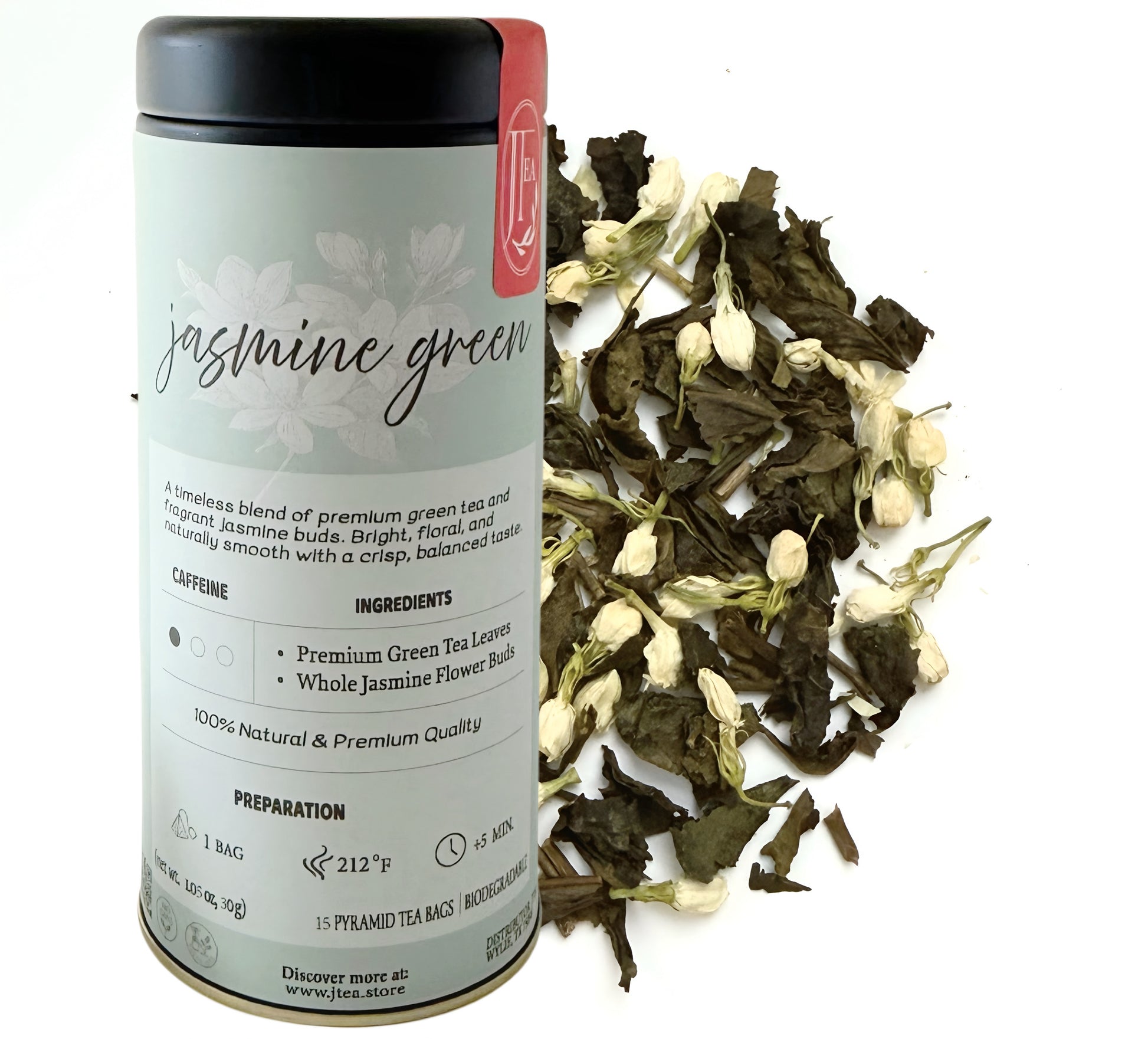 Jasmine green tea canister with loose tea leaves on a white background