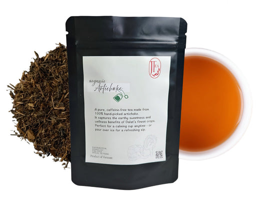 Tea packaging with tea leaves and a cup of tea on a white background