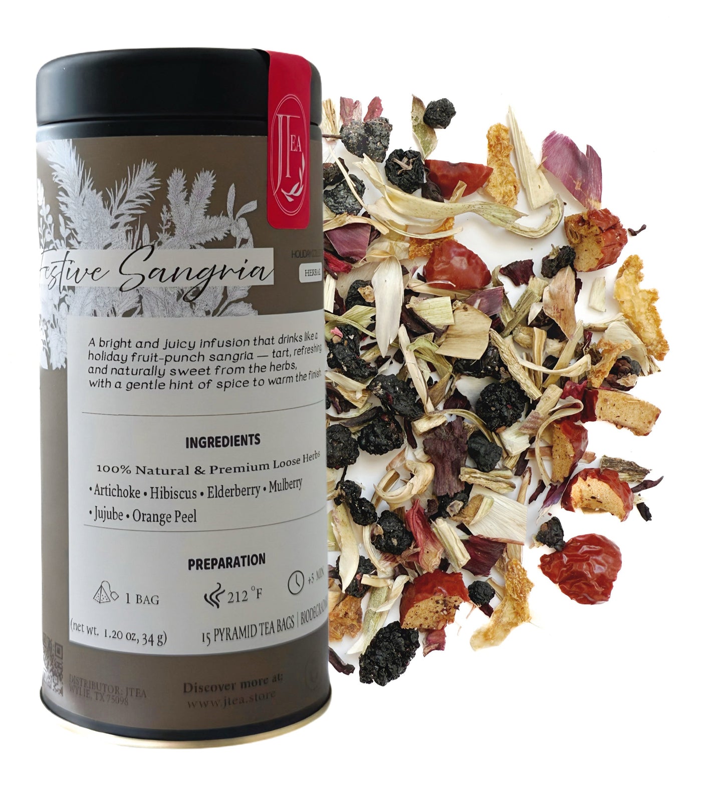 Festive Sangria Tea – 15 Pyramid Tea Bags in Tin Can | Holiday Botanical Blend