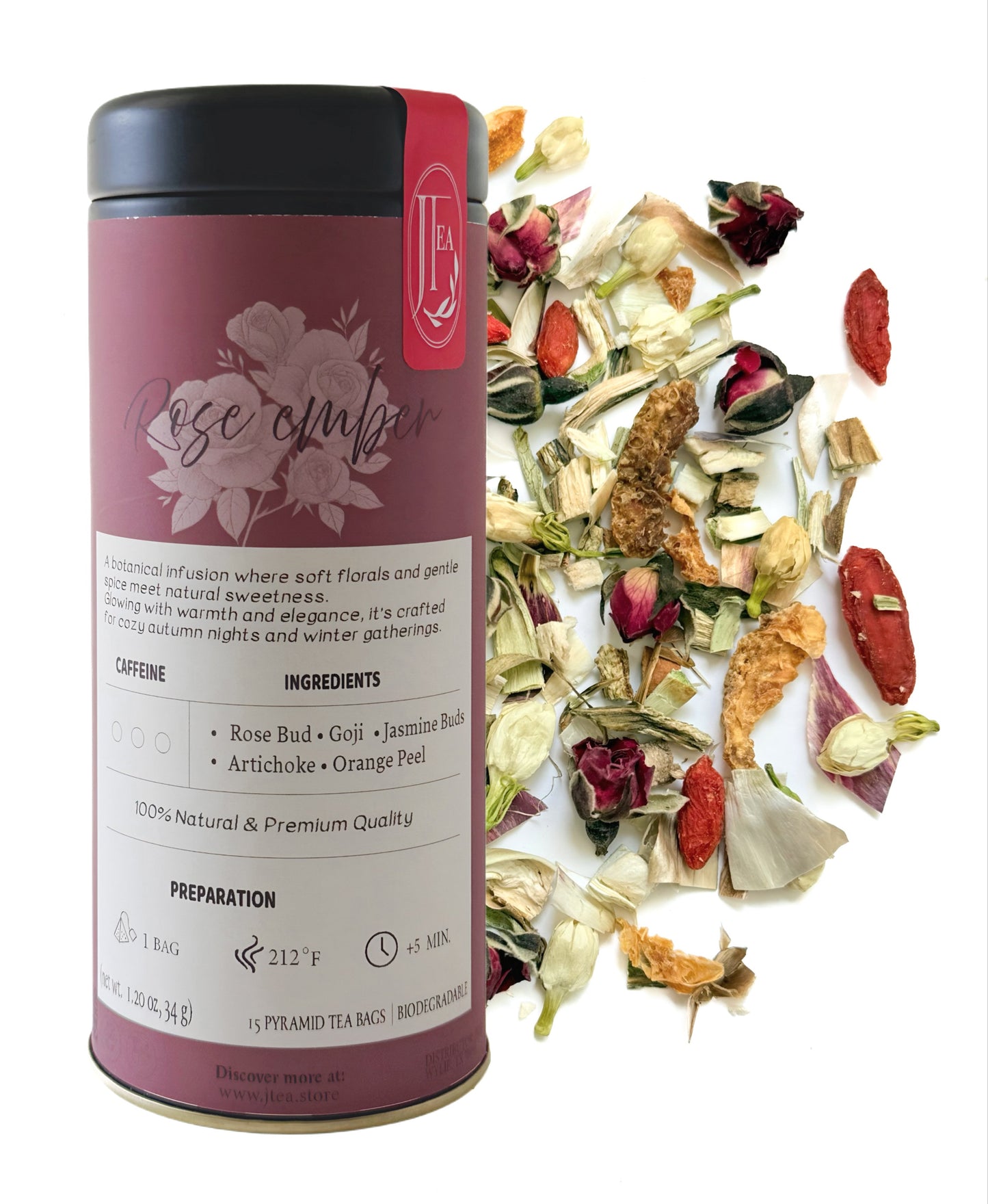 Rose Ember Tea – 15 Pyramid Tea Bags in Reusable Matte Tin