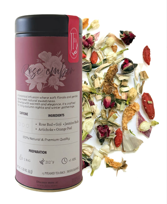 Rose Ember Tea – 15 Pyramid Tea Bags in Reusable Matte Tin
