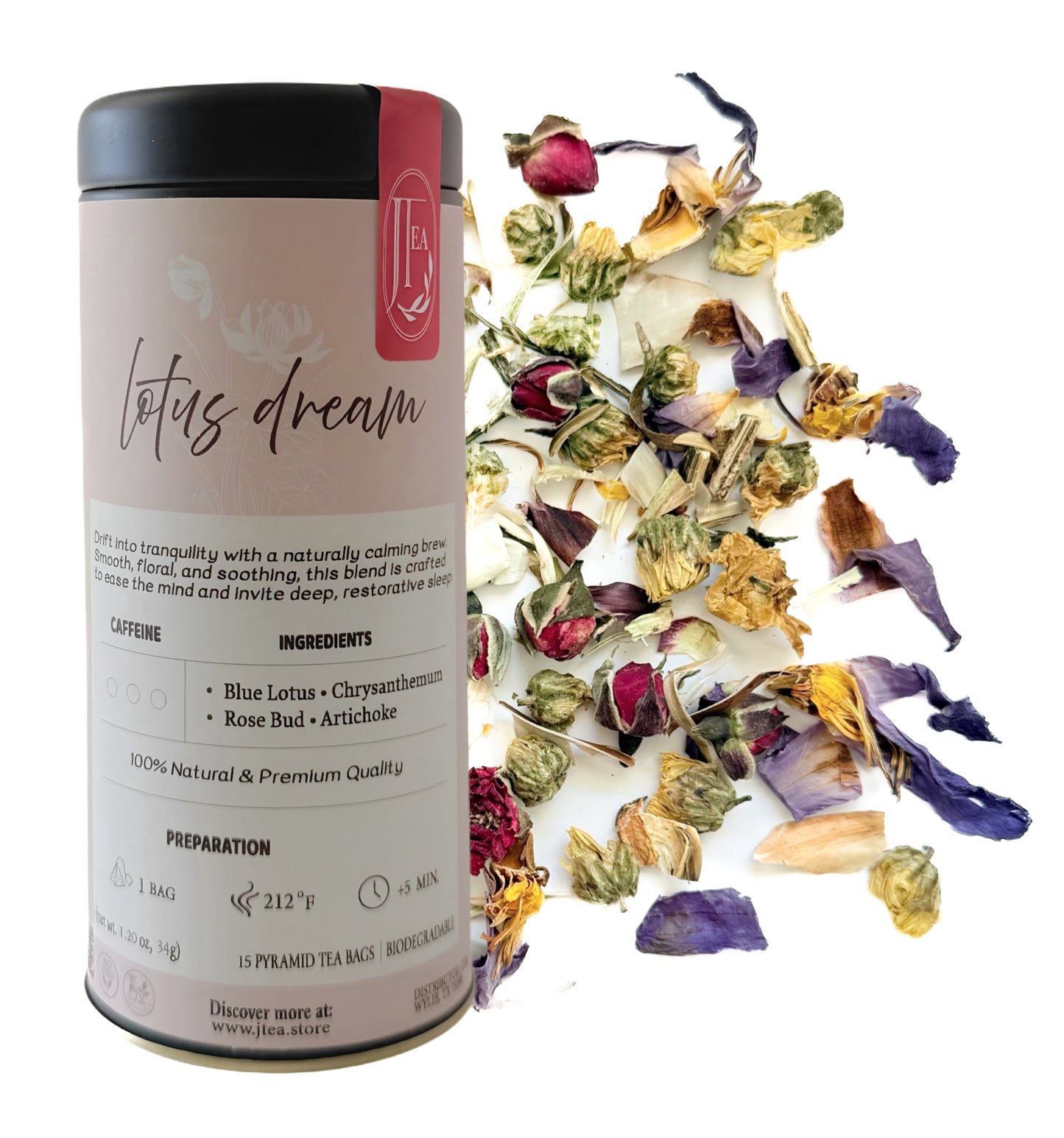 Lotus Dream Tea – 15 Pyramid Biodegradable Tea Bags in Tin Can