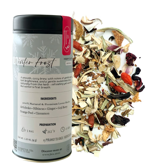 Winter Frost Tea –  15 Pyramid Tea Bags In Tin Can | Holiday Botanical Blend