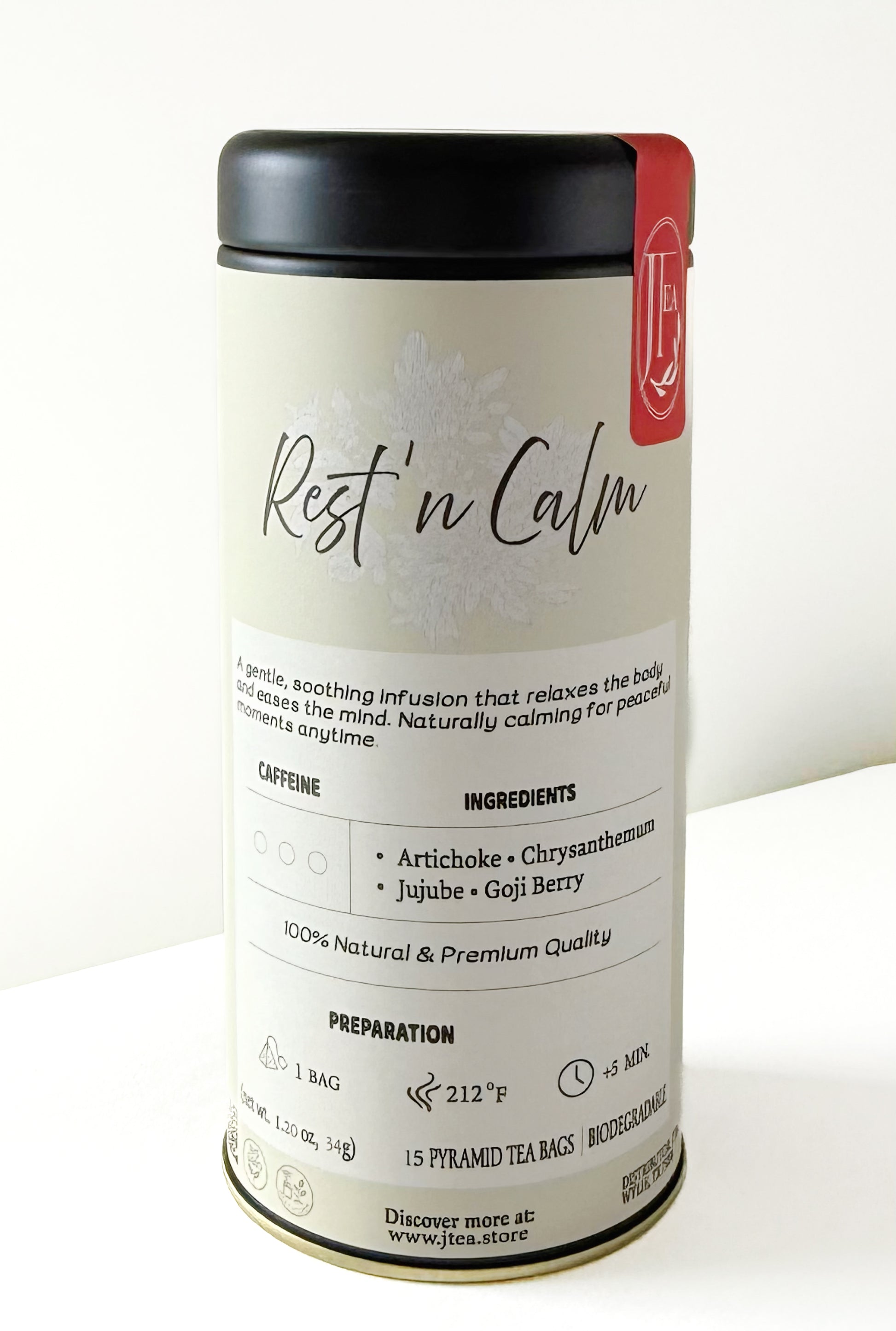 Tea canister labeled 'Rest 'n Calm' with text on a white background