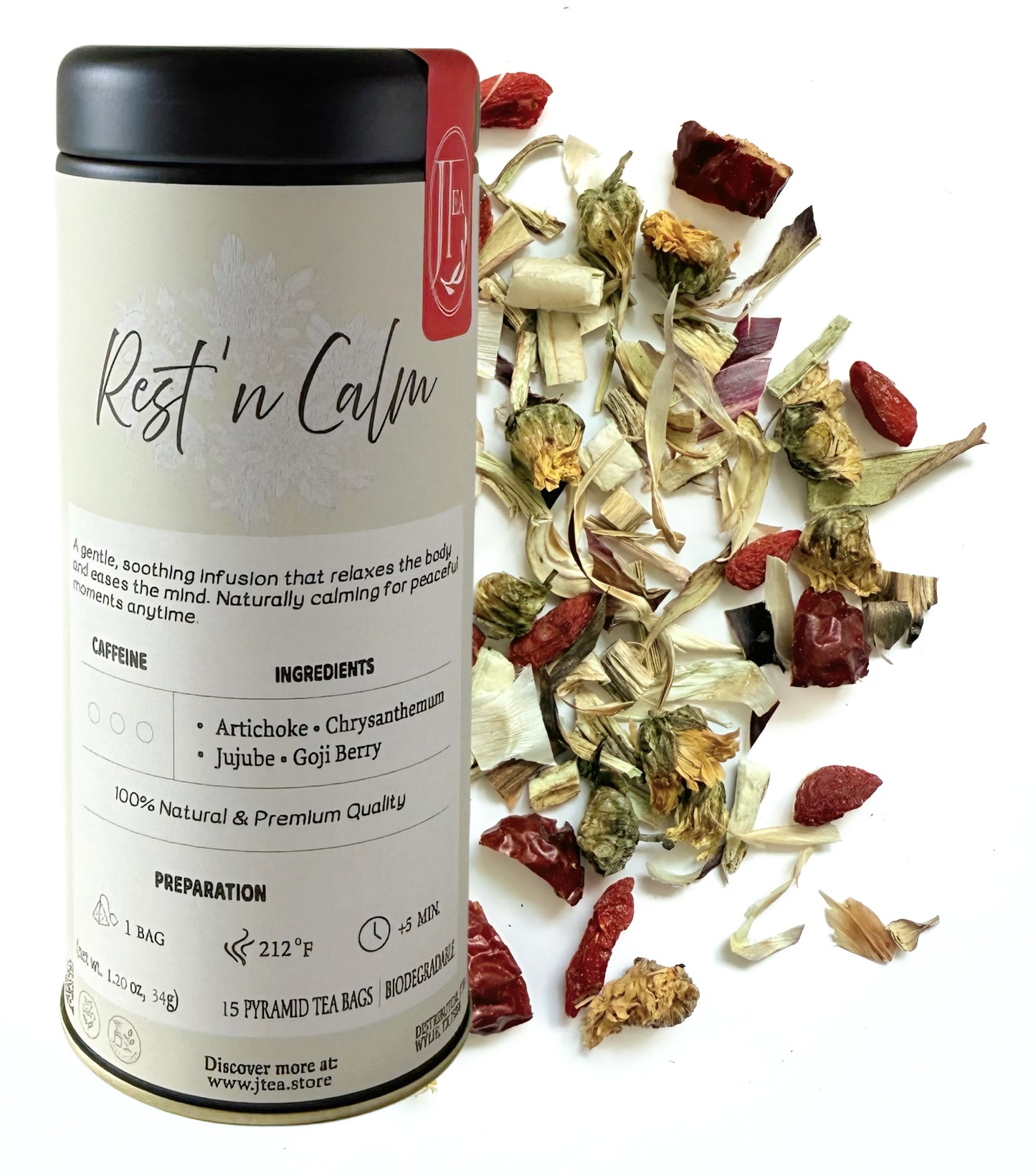 Tea canister labeled 'Rest 'n Calm' with dried tea leaves on a white background
