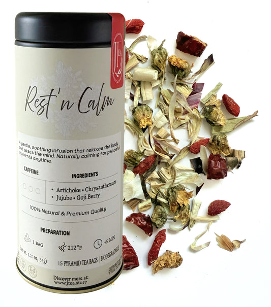 Tea canister labeled 'Rest 'n Calm' with dried tea leaves on a white background