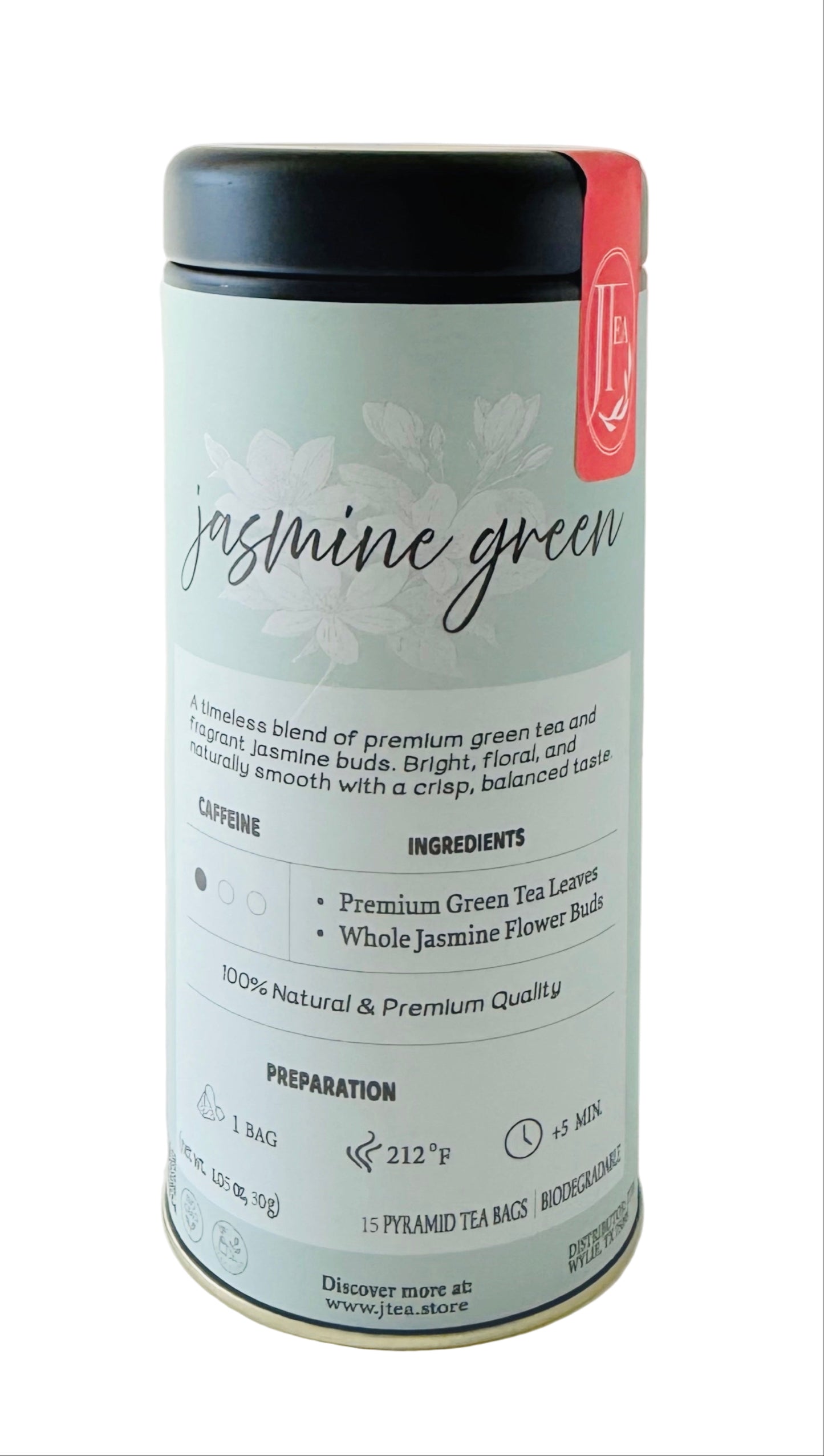 Jasmine green tea canister with label on a white background