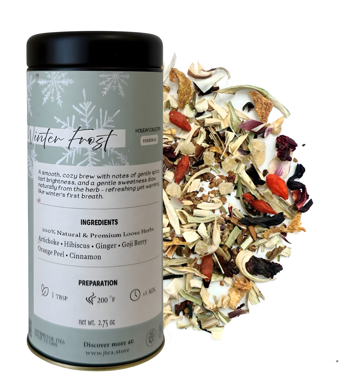 Tea canister labeled 'Winter Frost' with a scattering of tea leaves on a white background