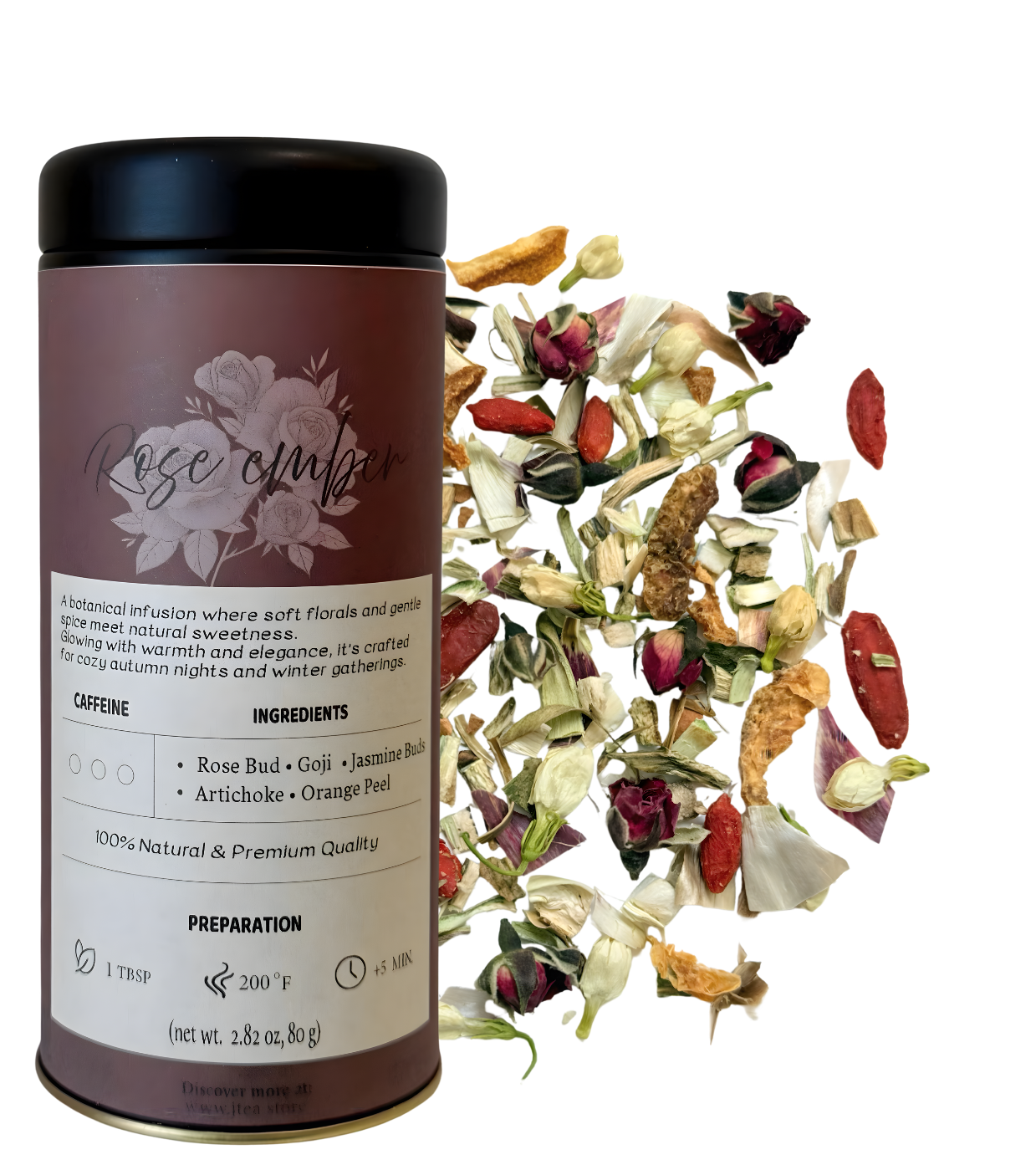 Tea canister with dried herbs and flowers on a white background