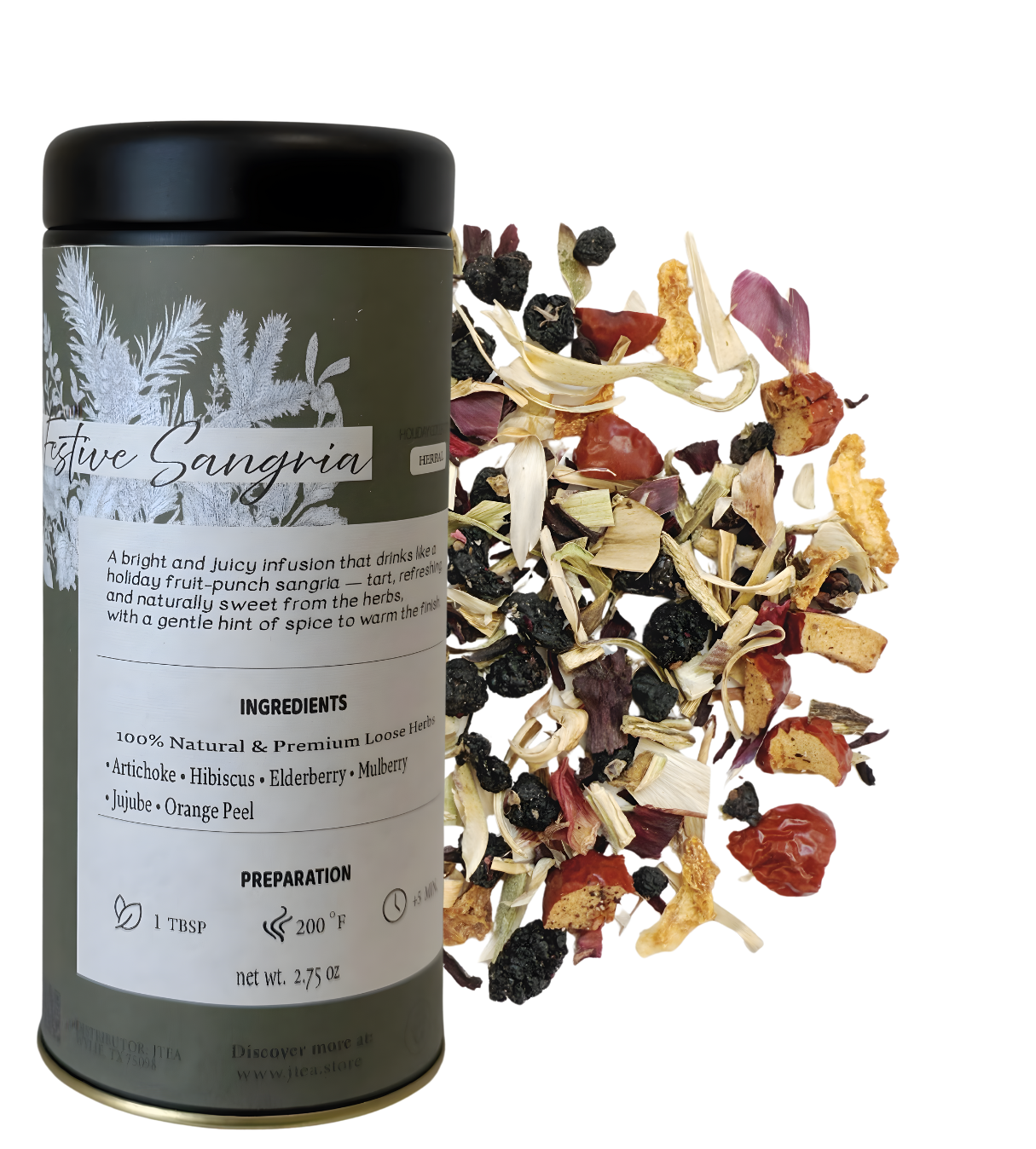 Tea canister with dried herbs and spices on a white background