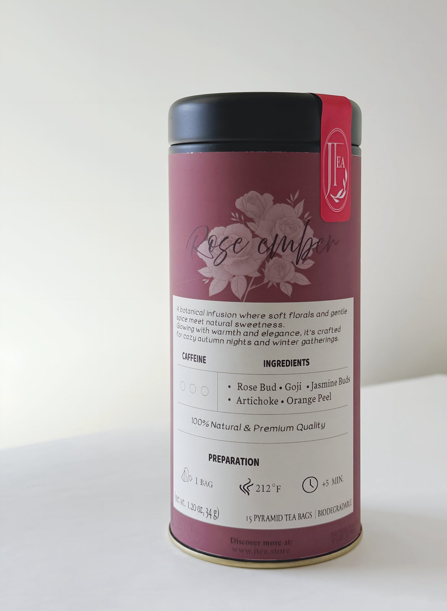 Rose Ember Tea – 15 Pyramid Tea Bags in Reusable Matte Tin